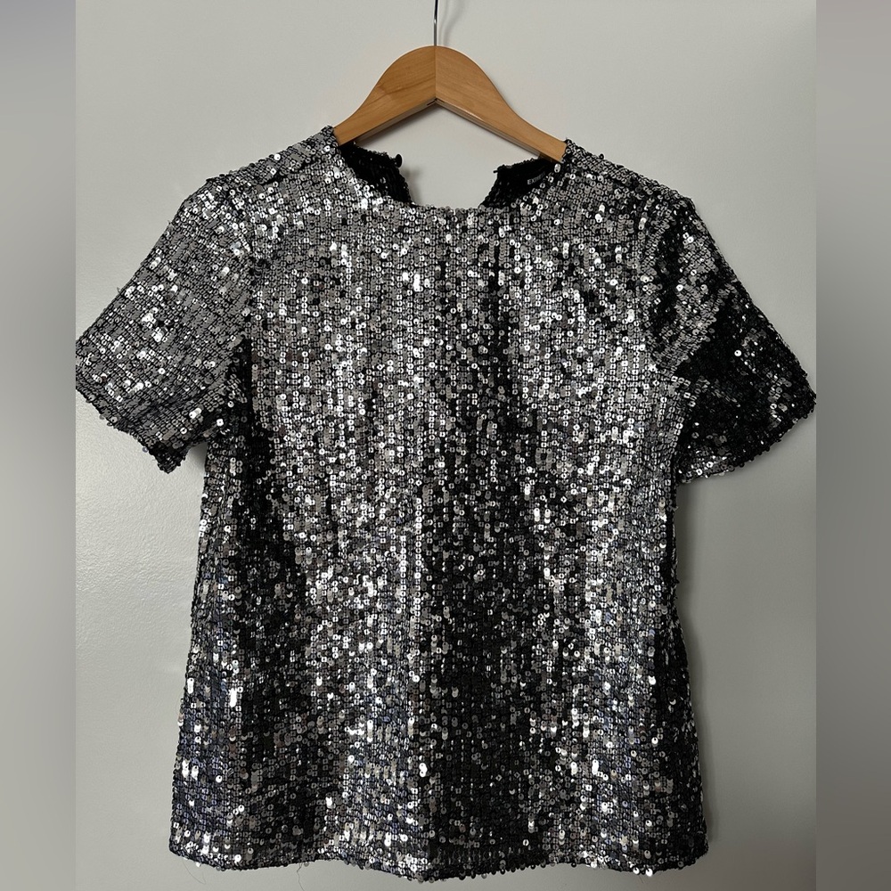 Express Shimmering Silver Sequin Top